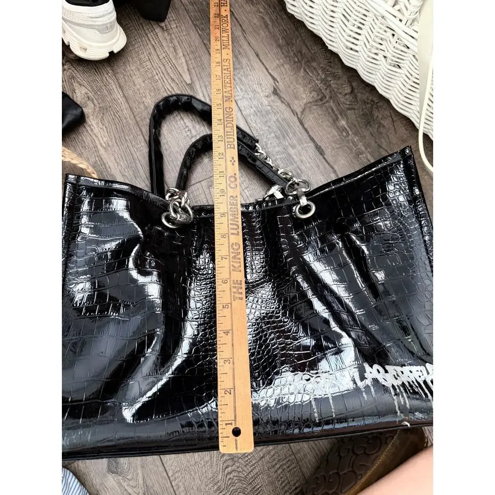 Karl Lagerfeld Handbag Black Croc Patent Leather Chain-Link Handles Tote